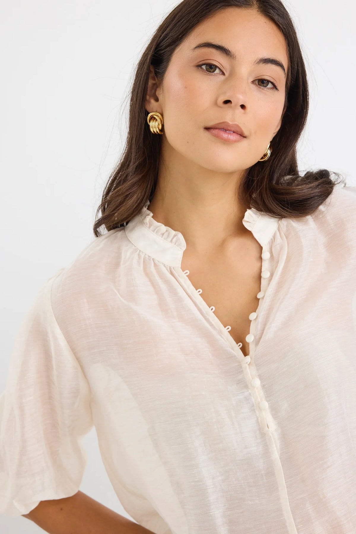 Closure Ivory Sheer High Neck Buttoned Short Sleeve Top