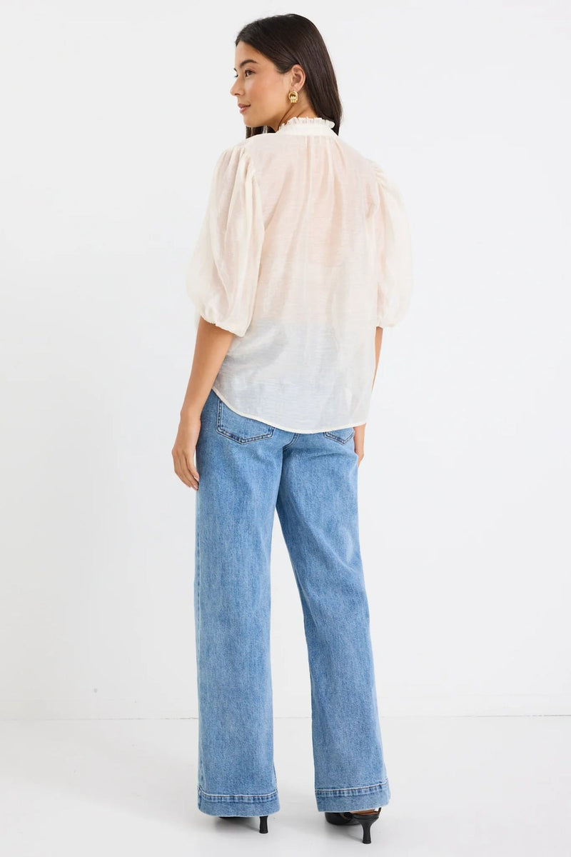 Closure Ivory Sheer High Neck Buttoned Short Sleeve Top