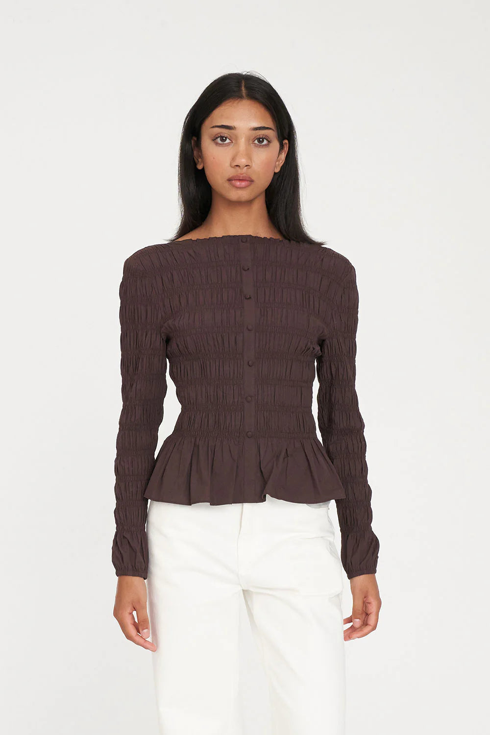Huffer Long Sleeve Shirred Shirt Chestnut