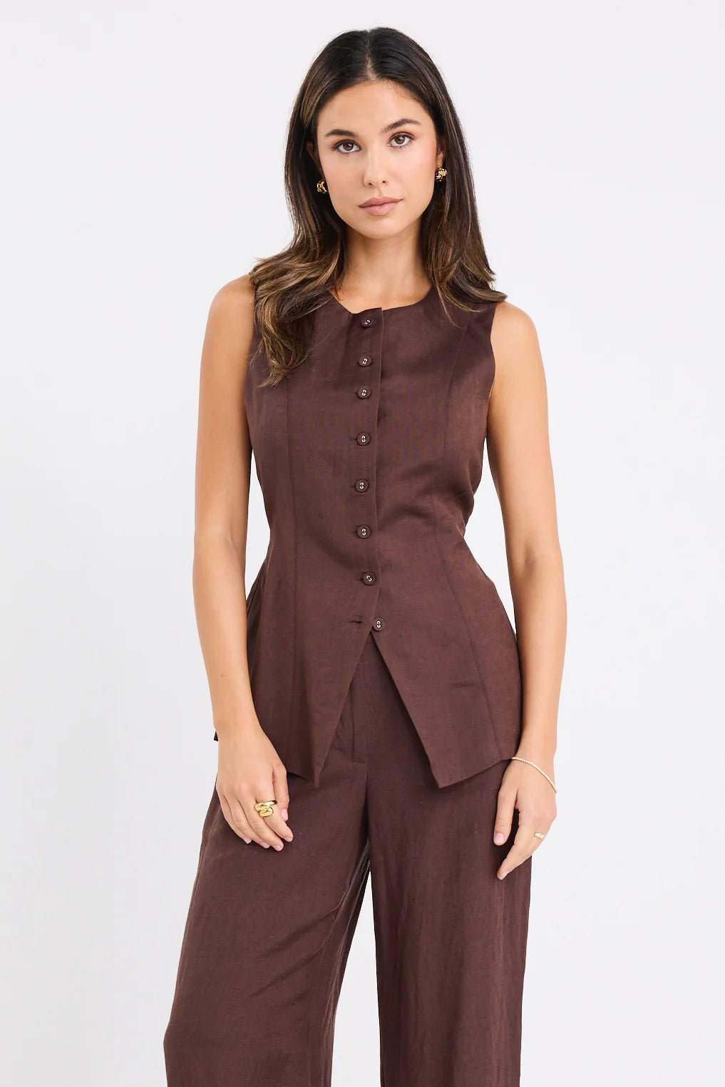 Polarity Chocolate Linen Viscose Crew Neck Fitted Vest