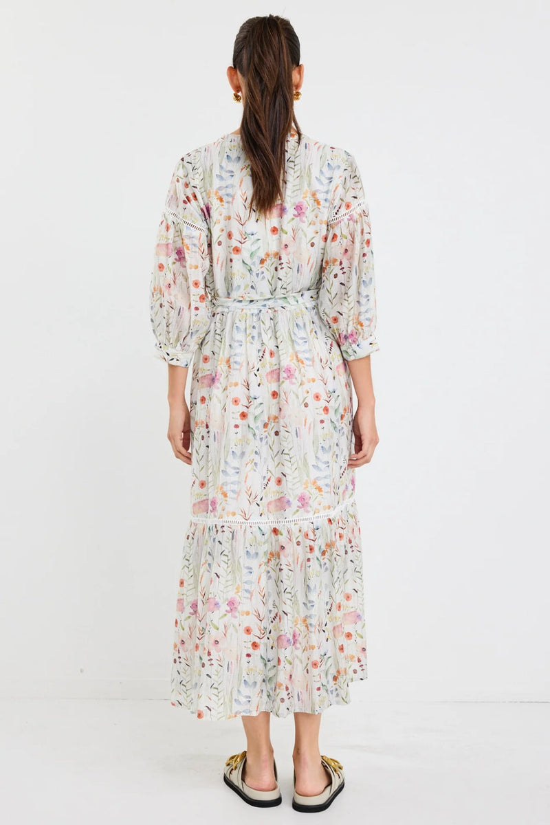 Wisdom Cream Floral Balloon Sleeve Midi Shirt Dress