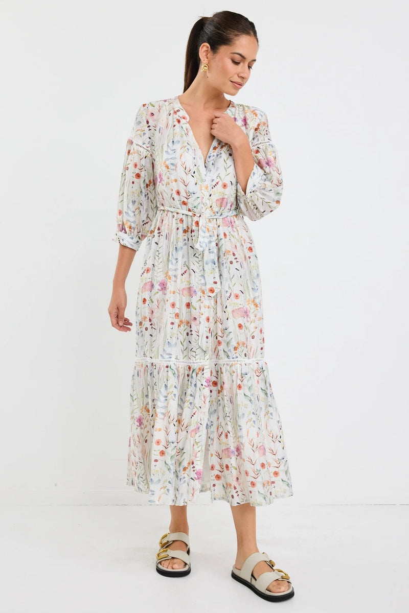 Wisdom Cream Floral Balloon Sleeve Midi Shirt Dress