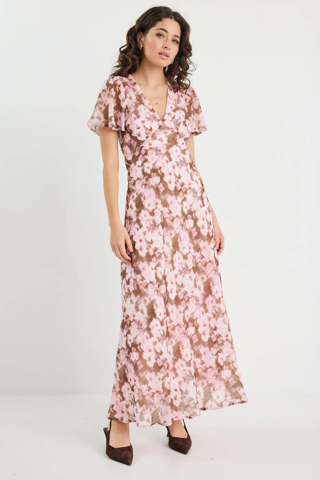 Among The Brave Chariot Blush Chocolate Floral Bias Flared Maxi Dress