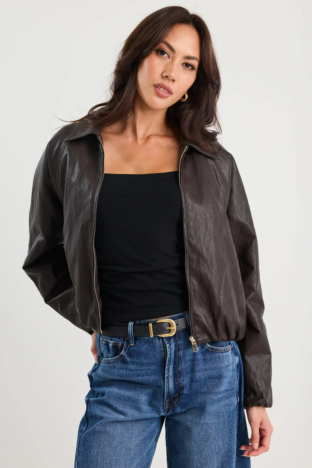 Stories Be Told Troupe Chocolate PU Leather Zip Through Bubble Hem Jacket