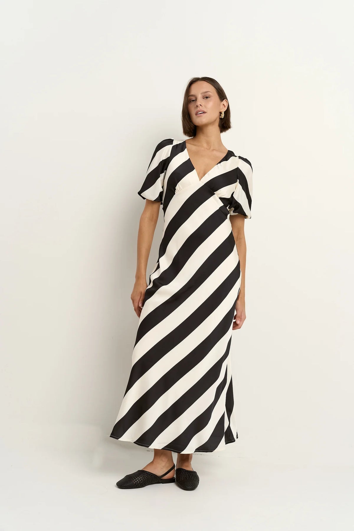 Amora Black White Stripe Short Sleeve Bias Midi Dress