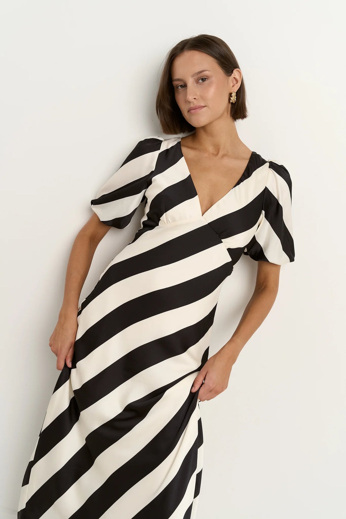 Amora Black White Stripe Short Sleeve Bias Midi Dress