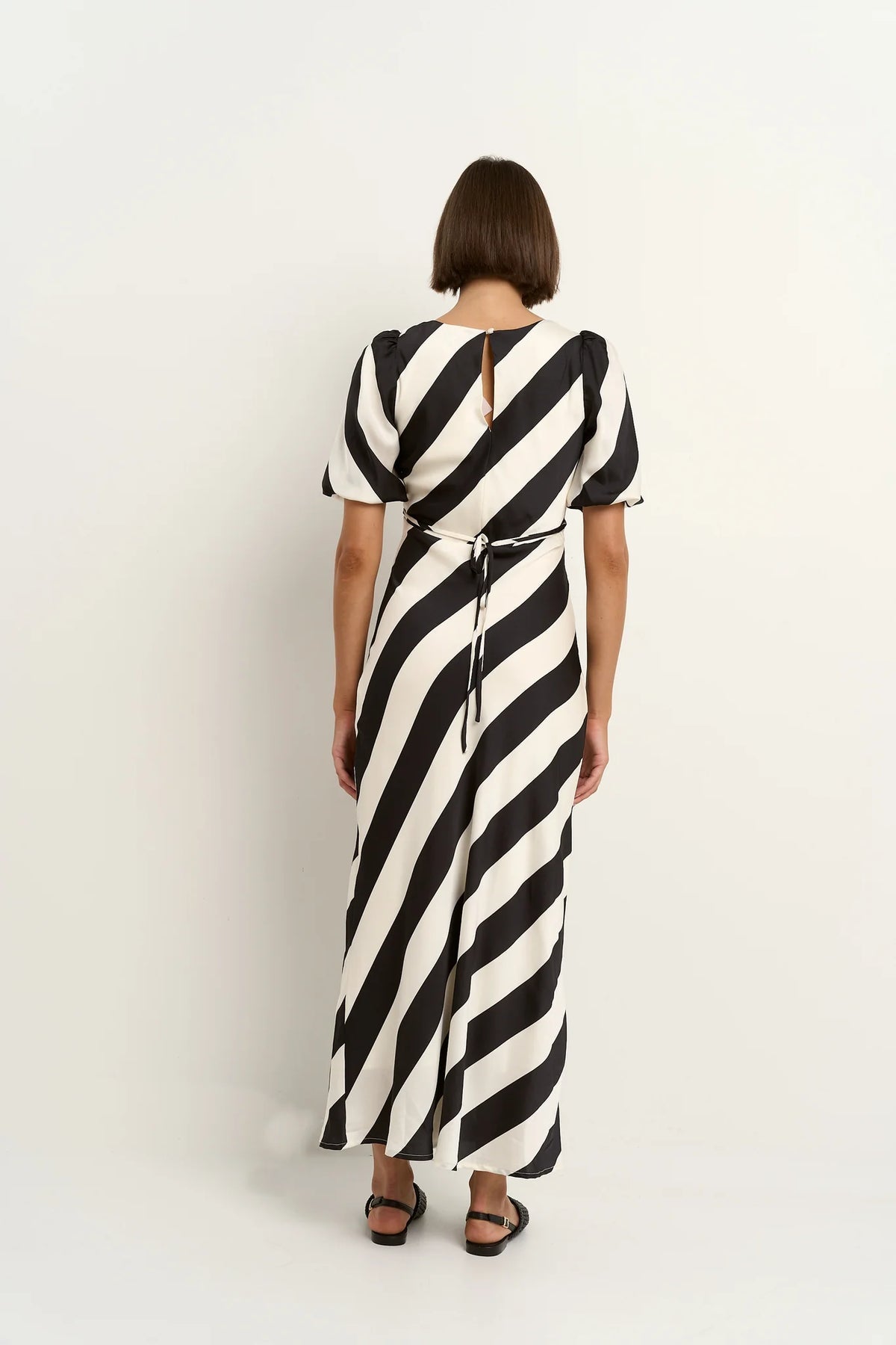Amora Black White Stripe Short Sleeve Bias Midi Dress