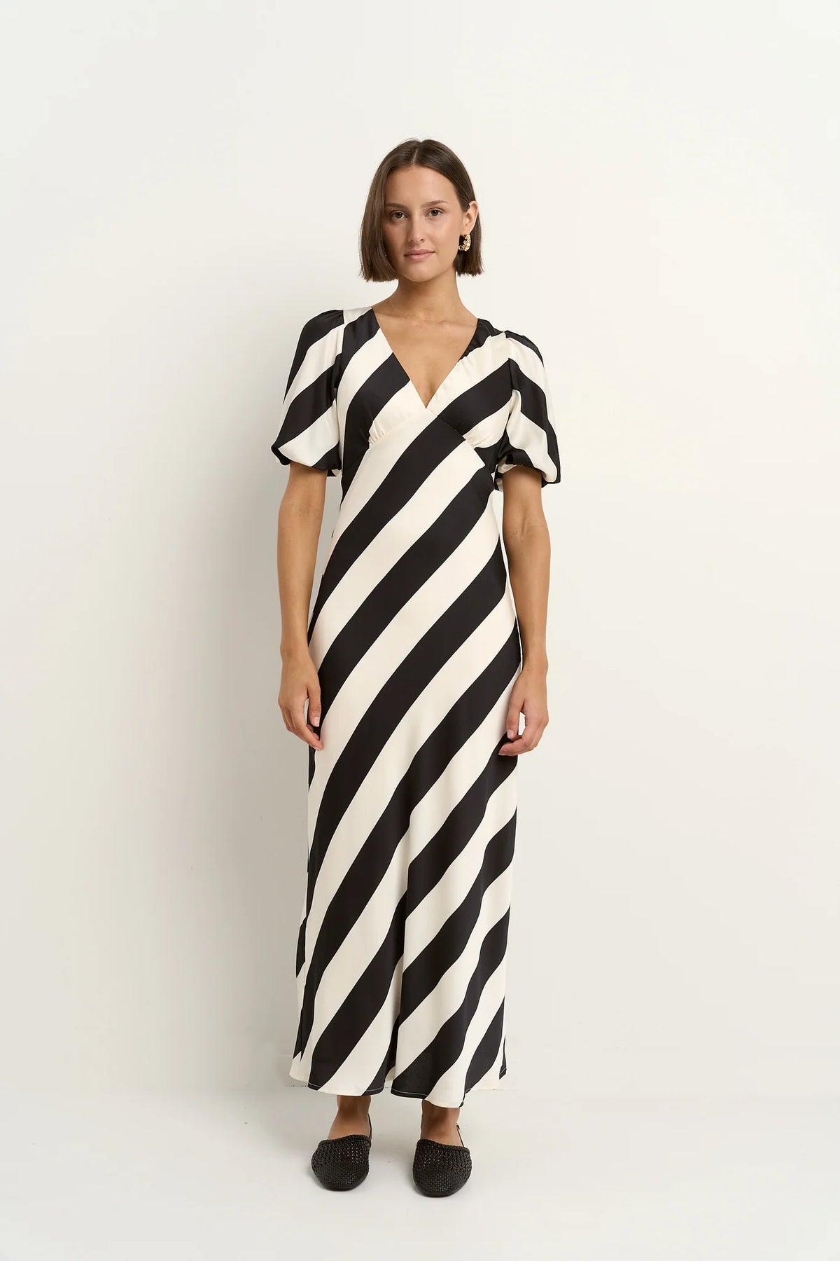 Amora Black White Stripe Short Sleeve Bias Midi Dress
