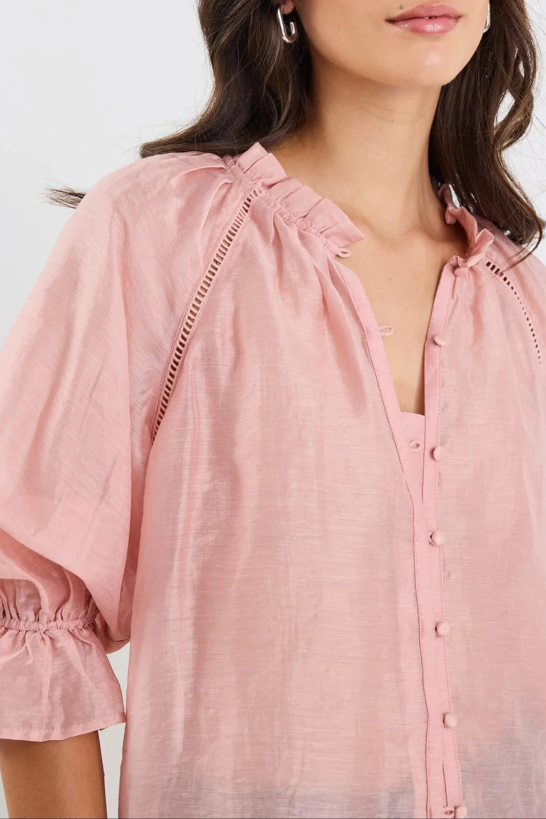 By Rosa Encounter Blush Textured SS Gathered Button Front Top