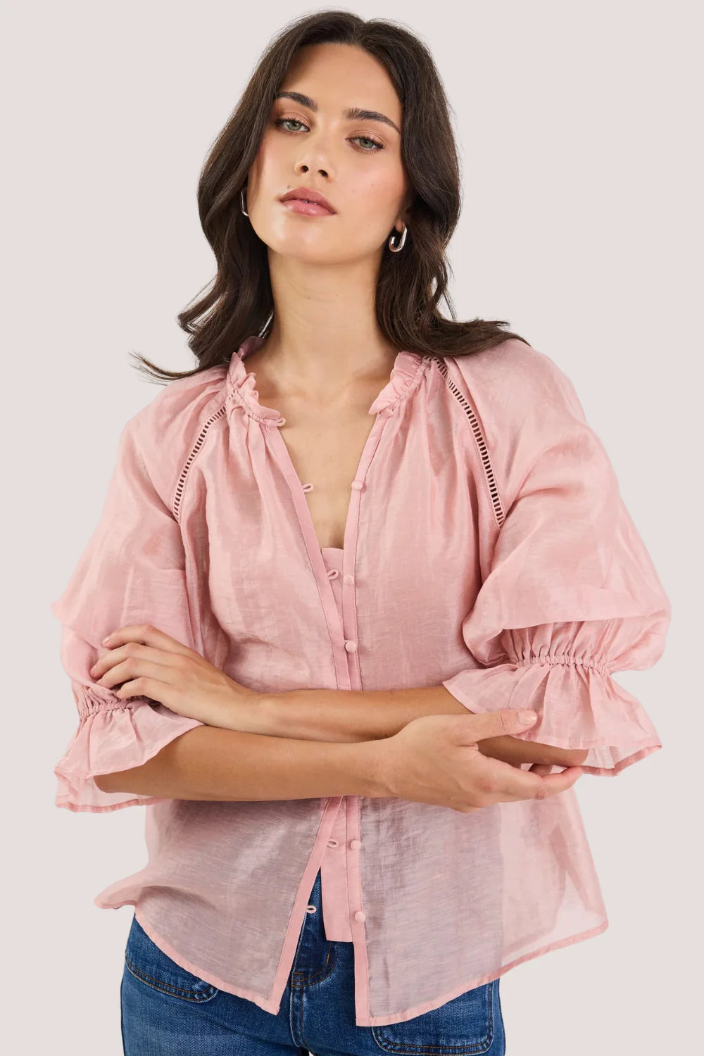 By Rosa Encounter Blush Textured SS Gathered Button Front Top