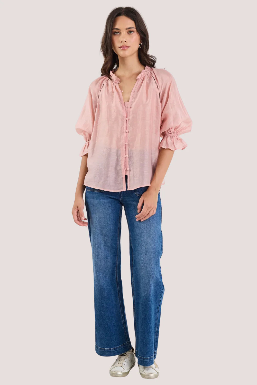 By Rosa Encounter Blush Textured SS Gathered Button Front Top