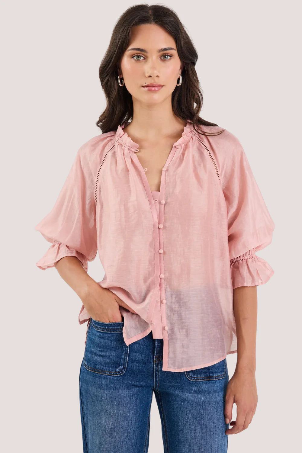 By Rosa Encounter Blush Textured SS Gathered Button Front Top