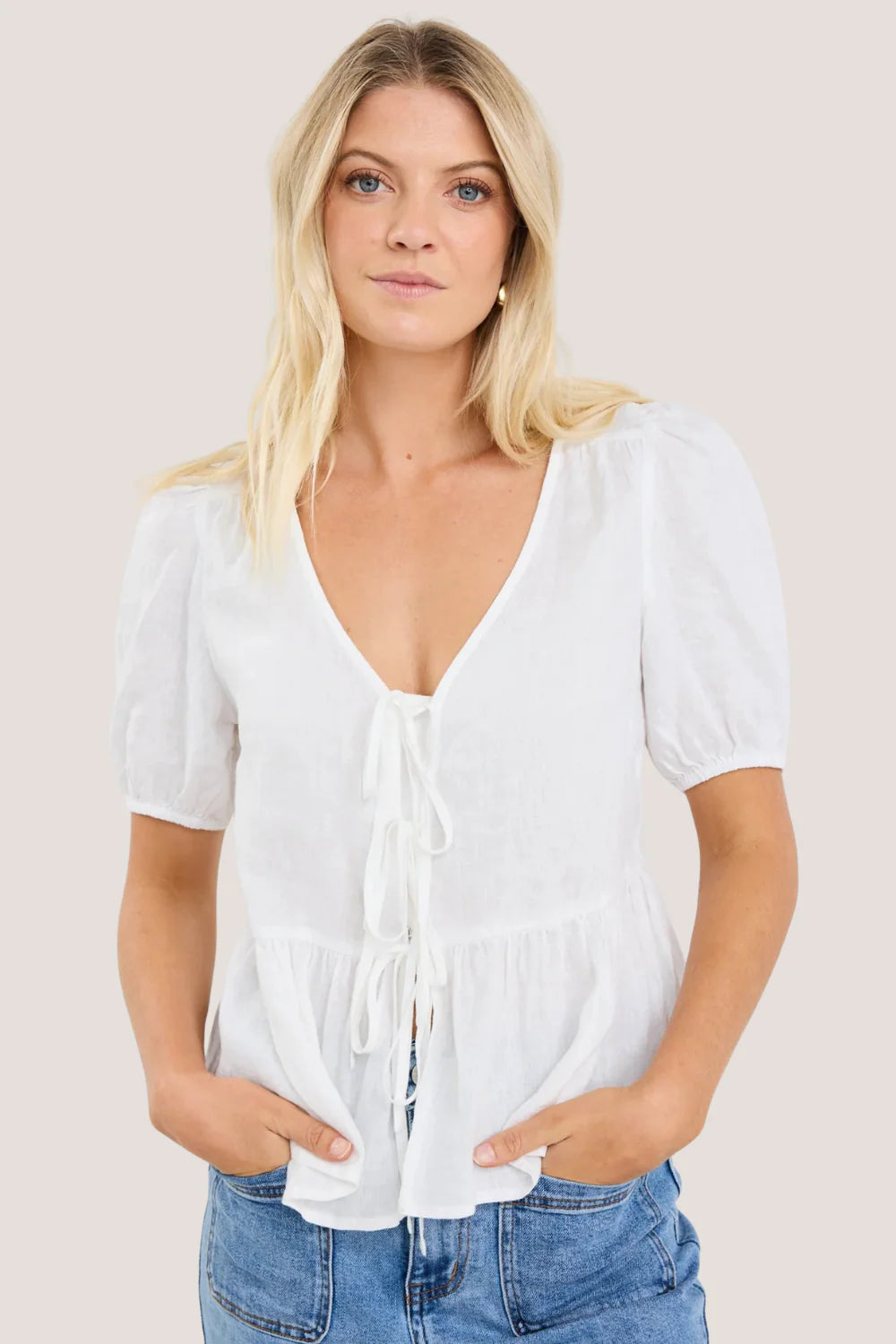 Restore Ivory Tie Front Peplum Short Sleeve Top