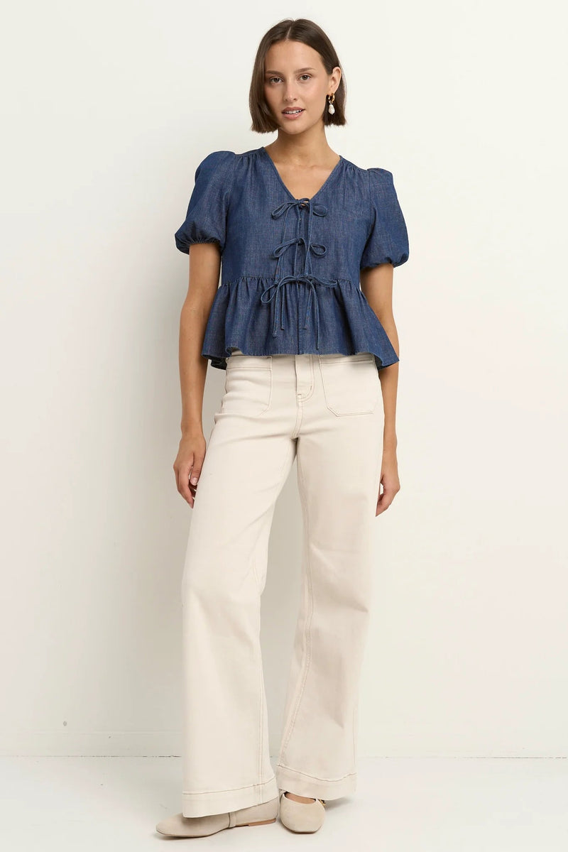 Restore Storm Blue Chambray Tie Front Peplum Short Sleeve Top