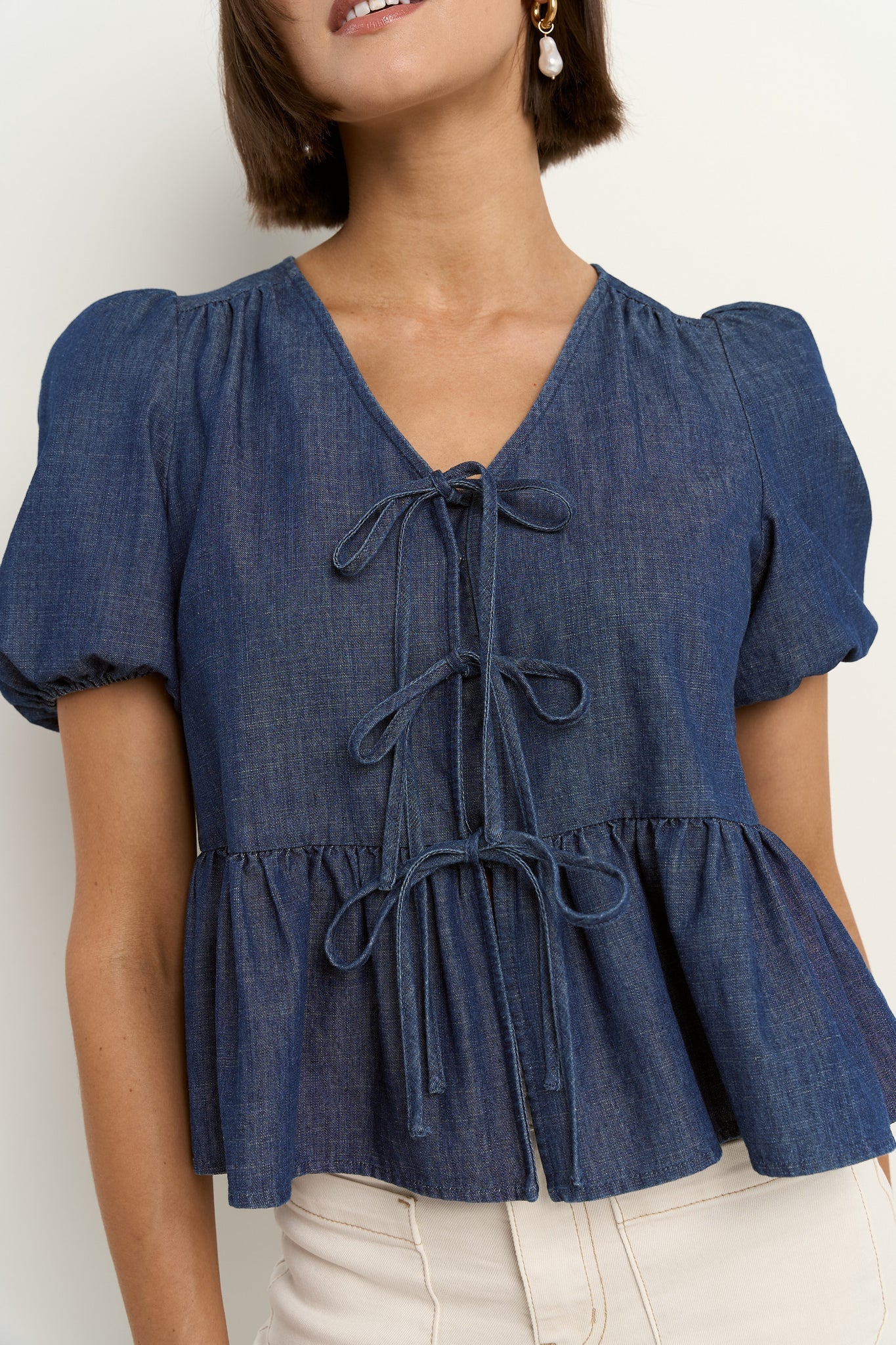 Restore Storm Blue Chambray Tie Front Peplum Short Sleeve Top