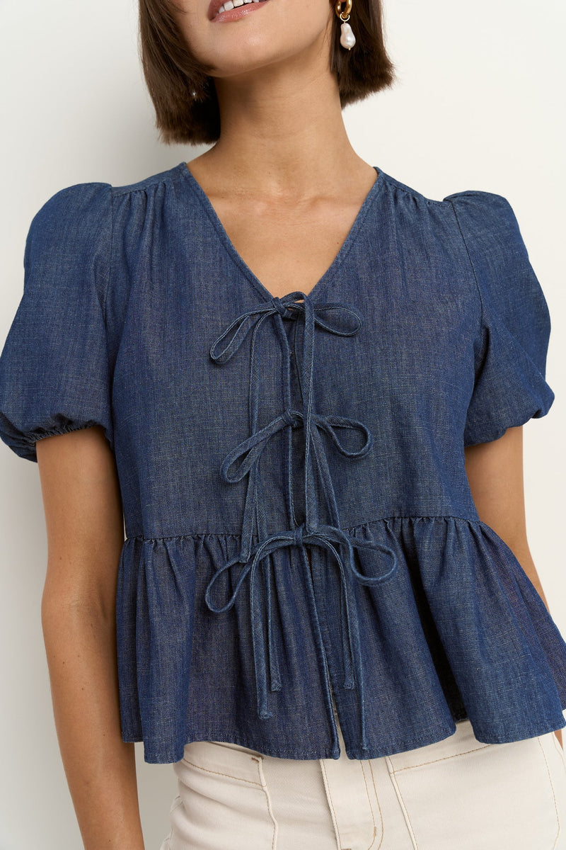 Restore Storm Blue Chambray Tie Front Peplum Short Sleeve Top