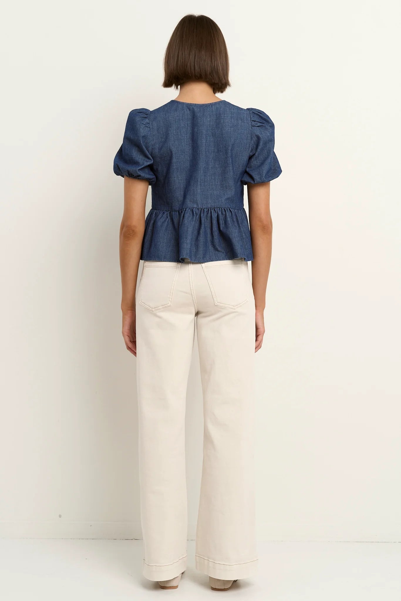 Restore Storm Blue Chambray Tie Front Peplum Short Sleeve Top