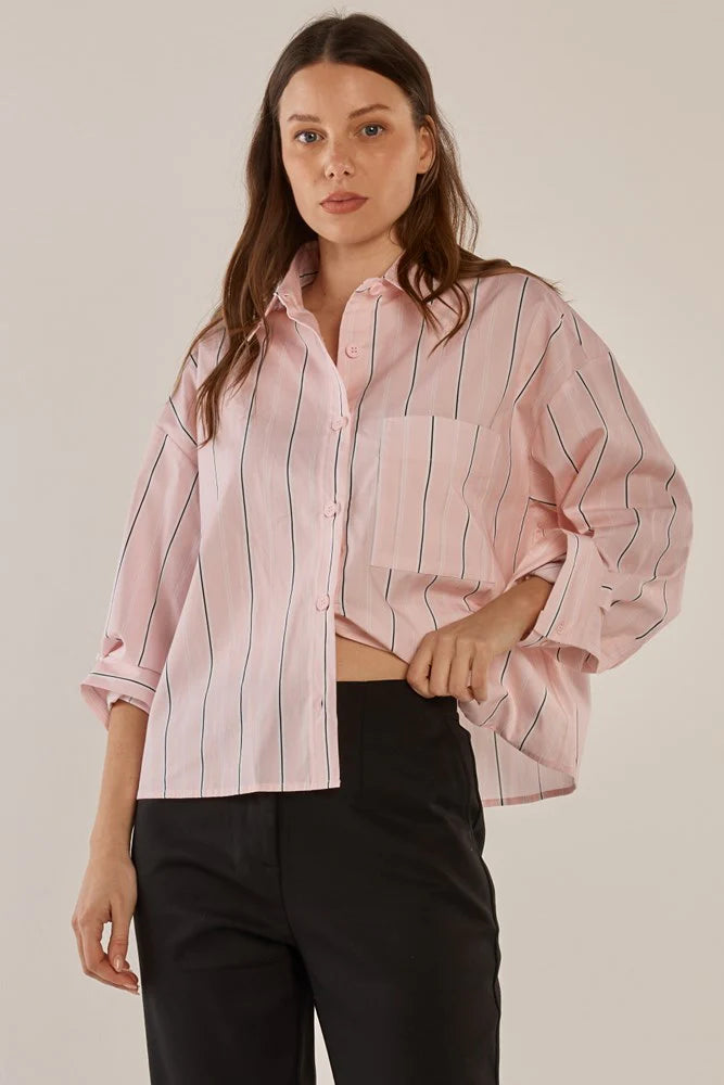 Erin Crop Shirt Pink/Chocolate Stripe