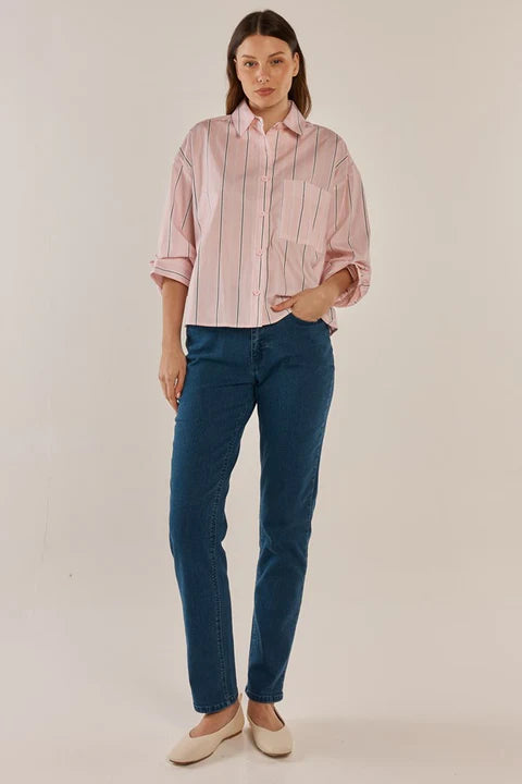 Erin Crop Shirt Pink/Chocolate Stripe