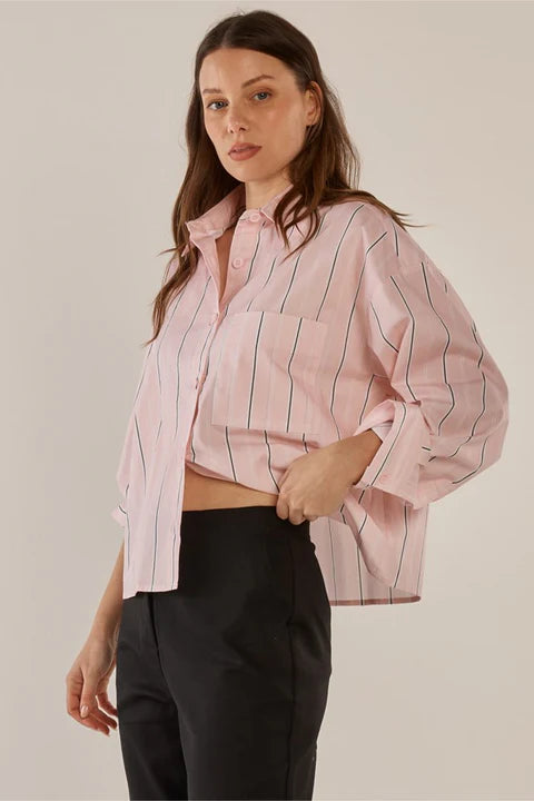 Erin Crop Shirt Pink/Chocolate Stripe