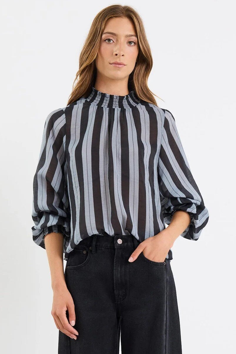Embrace Grey Stripe Shirred Neck Long Sleeve Top