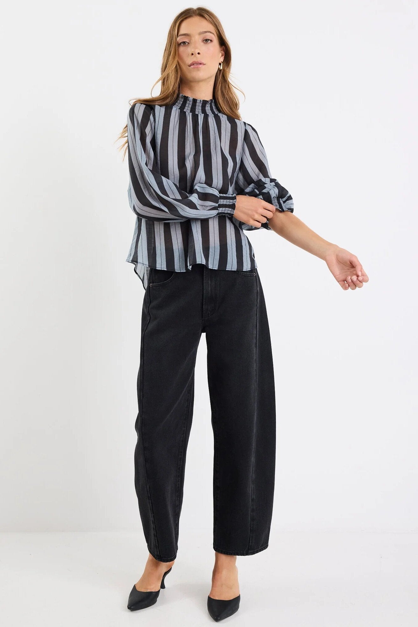 Embrace Grey Stripe Shirred Neck Long Sleeve Top
