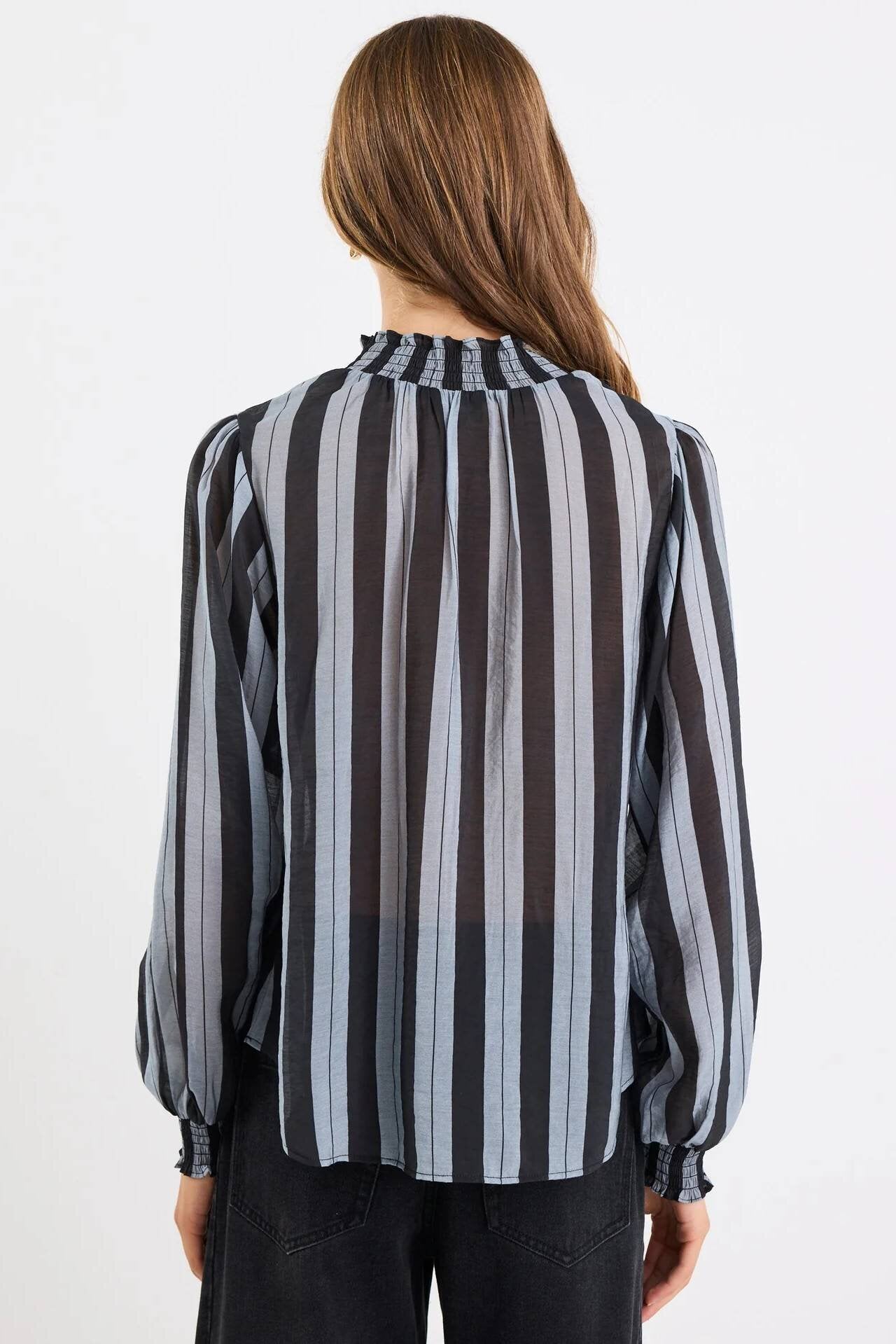 Embrace Grey Stripe Shirred Neck Long Sleeve Top