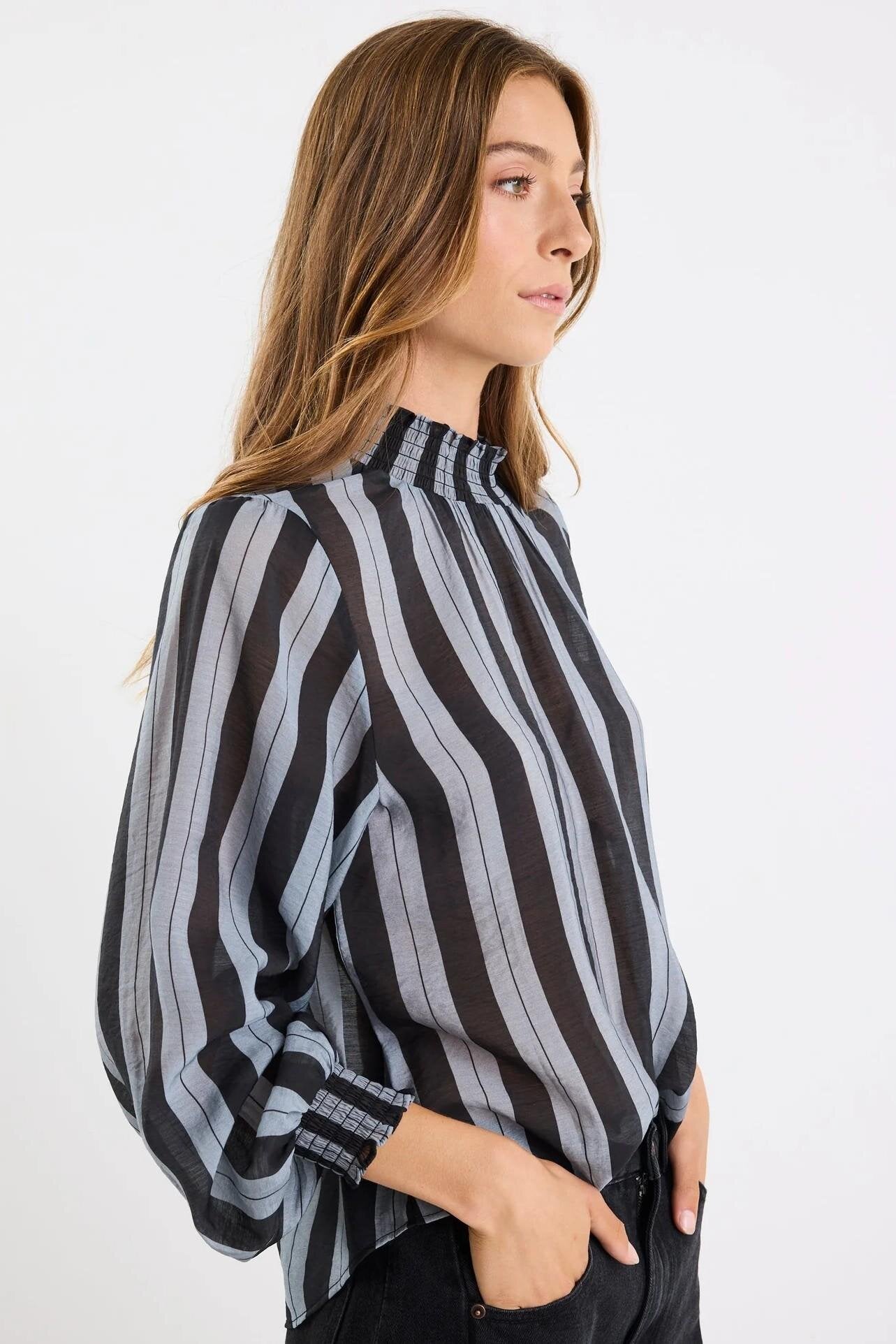 Embrace Grey Stripe Shirred Neck Long Sleeve Top