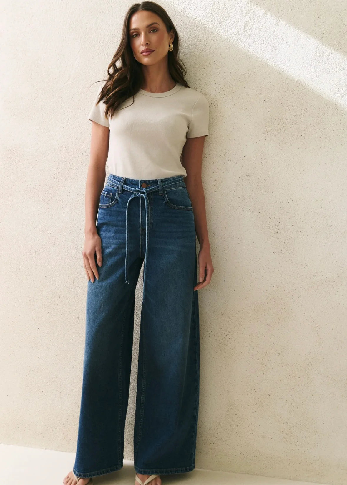 College Deep Blue Wide Leg Tie Belt Jean