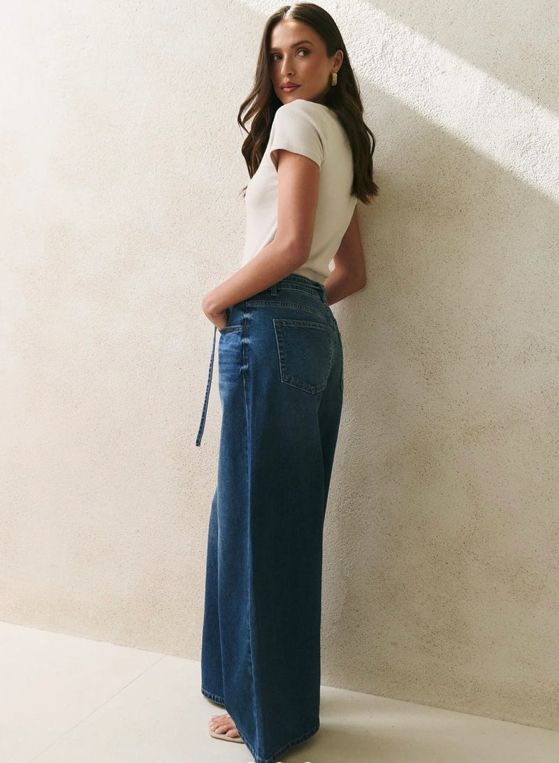College Deep Blue Wide Leg Tie Belt Jean