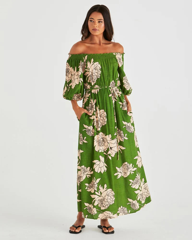 Antonie Off Shoulder Dress Moonflower Green
