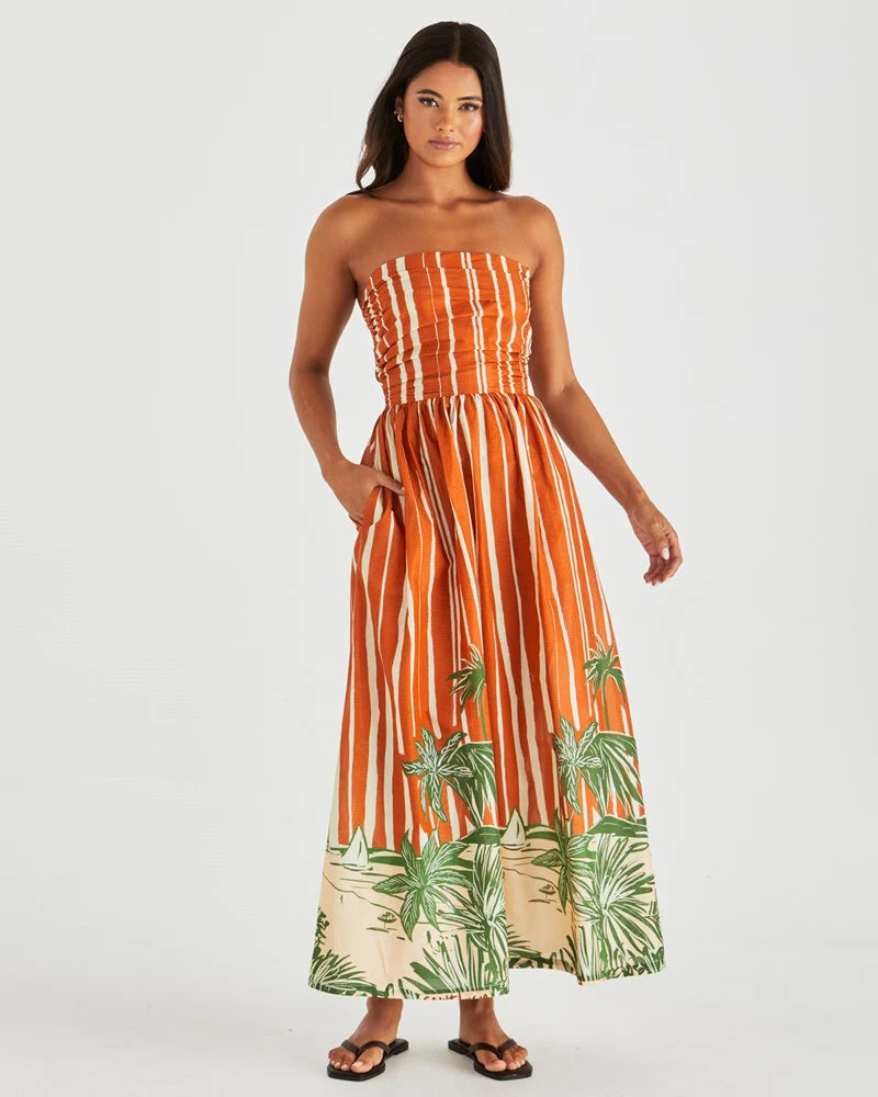 Mina Strapless Dress Palm Stripe Orange