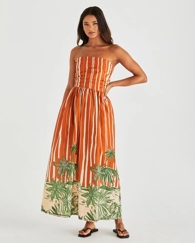 Mina Strapless Dress Palm Stripe Orange