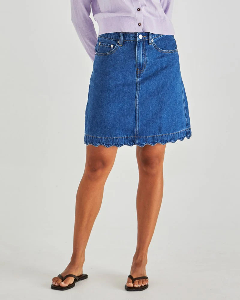 Vale Scalloped Denim Skirt Mid Blue Wash