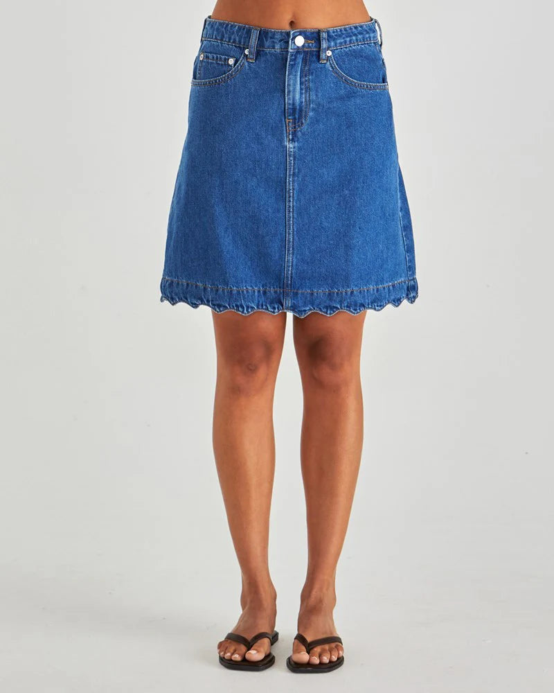 Vale Scalloped Denim Skirt Mid Blue Wash