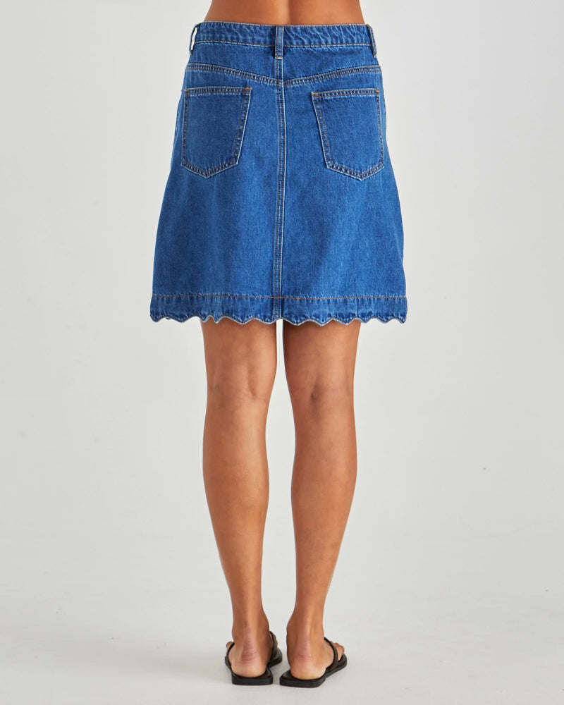 Vale Scalloped Denim Skirt Mid Blue Wash