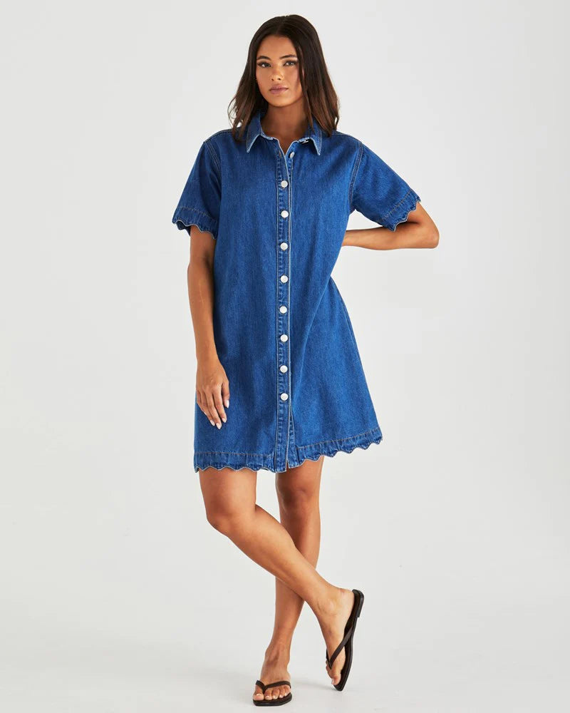 Vale Scalloped Denim Dress Mid Blue Wash