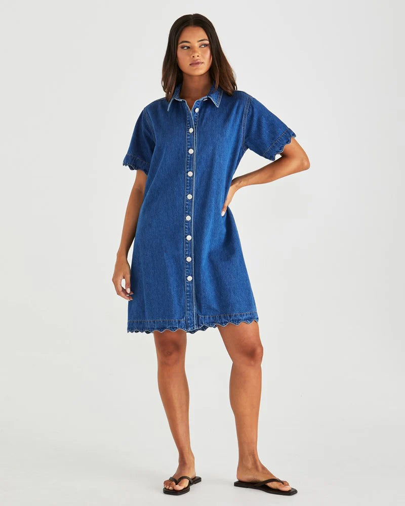 Vale Scalloped Denim Dress Mid Blue Wash