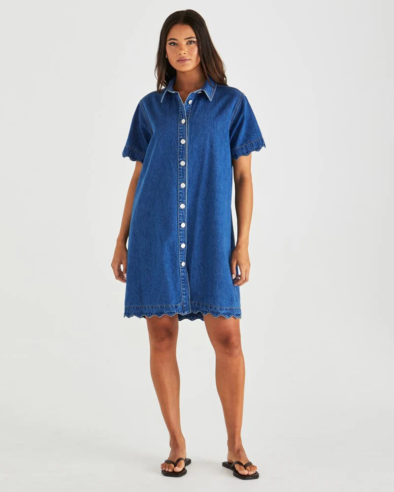 Vale Scalloped Denim Dress Mid Blue Wash