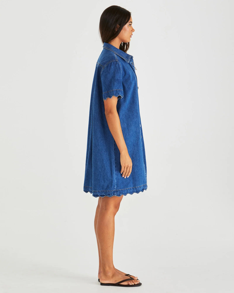 Vale Scalloped Denim Dress Mid Blue Wash