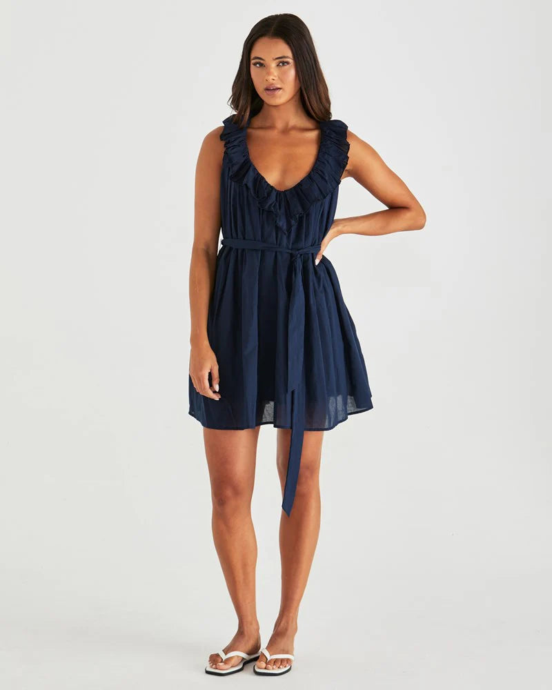 Belen Ruffled Neck Mini Dress Navy