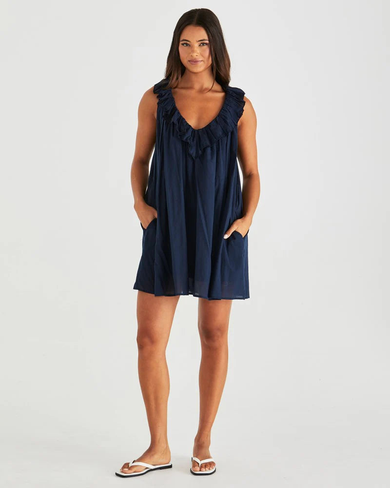 Belen Ruffled Neck Mini Dress Navy