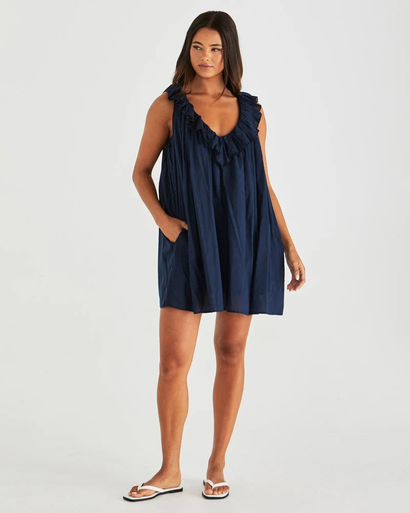 Belen Ruffled Neck Mini Dress Navy
