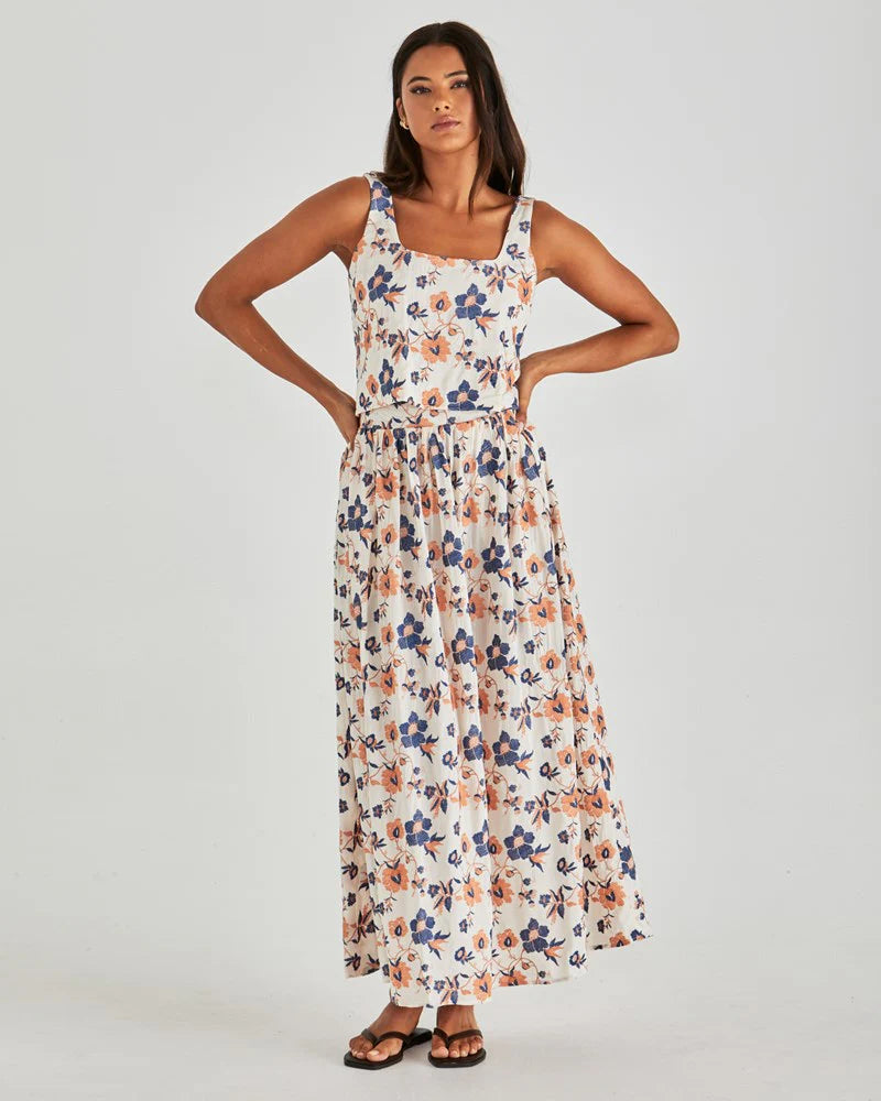 Luca Full Skirt Floral Embroidered Navy