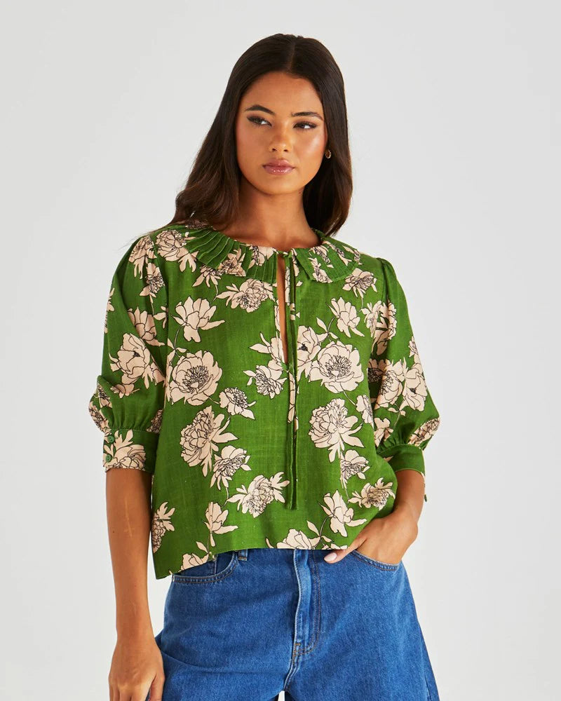 Antonie Pleated Blouse Moonflower Green