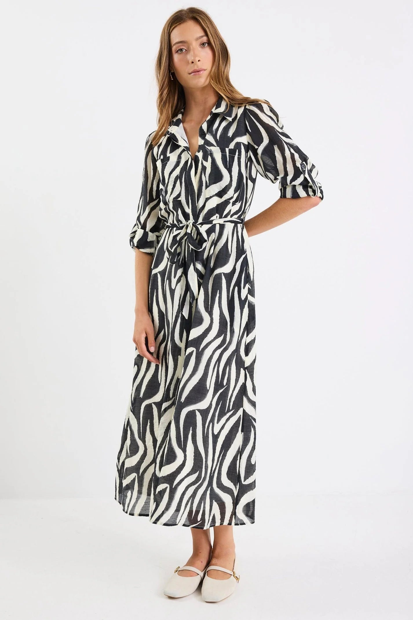 Cyprus Black Zebra Long Sleeve Shirt Midi Dress