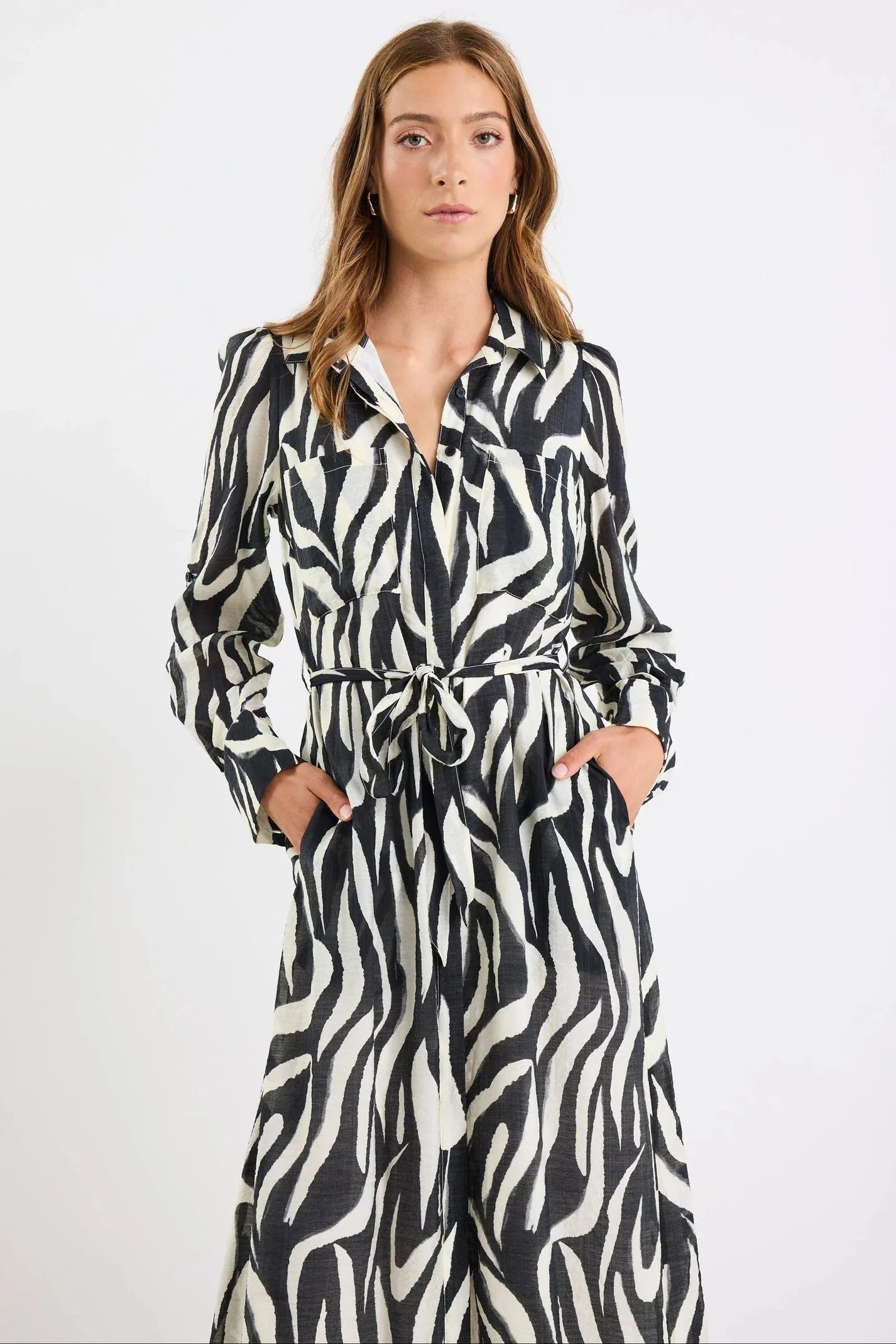 Cyprus Black Zebra Long Sleeve Shirt Midi Dress