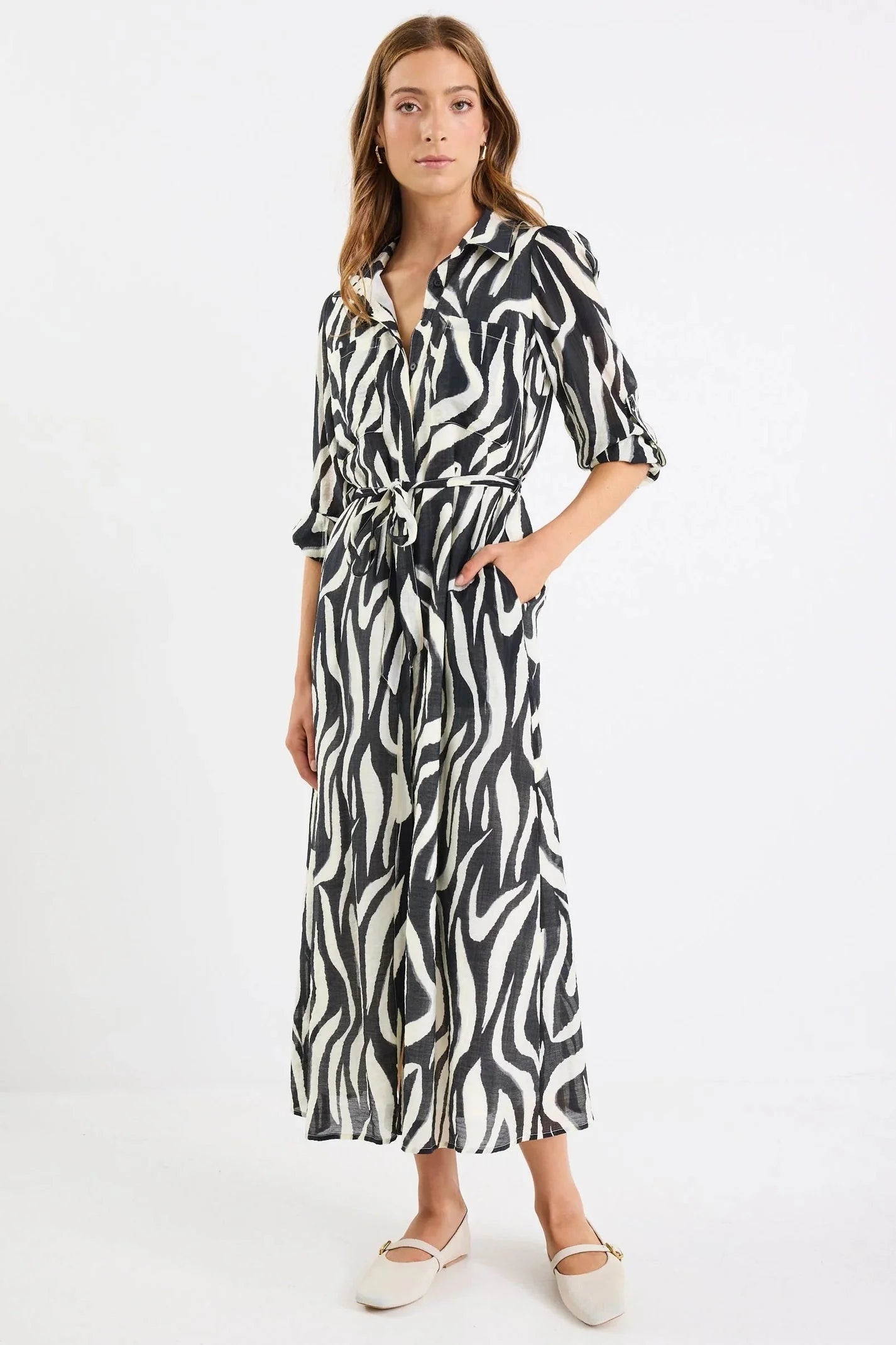 Cyprus Black Zebra Long Sleeve Shirt Midi Dress