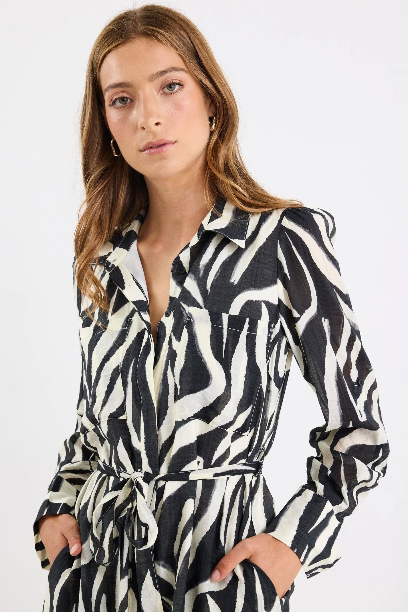 Cyprus Black Zebra Long Sleeve Shirt Midi Dress