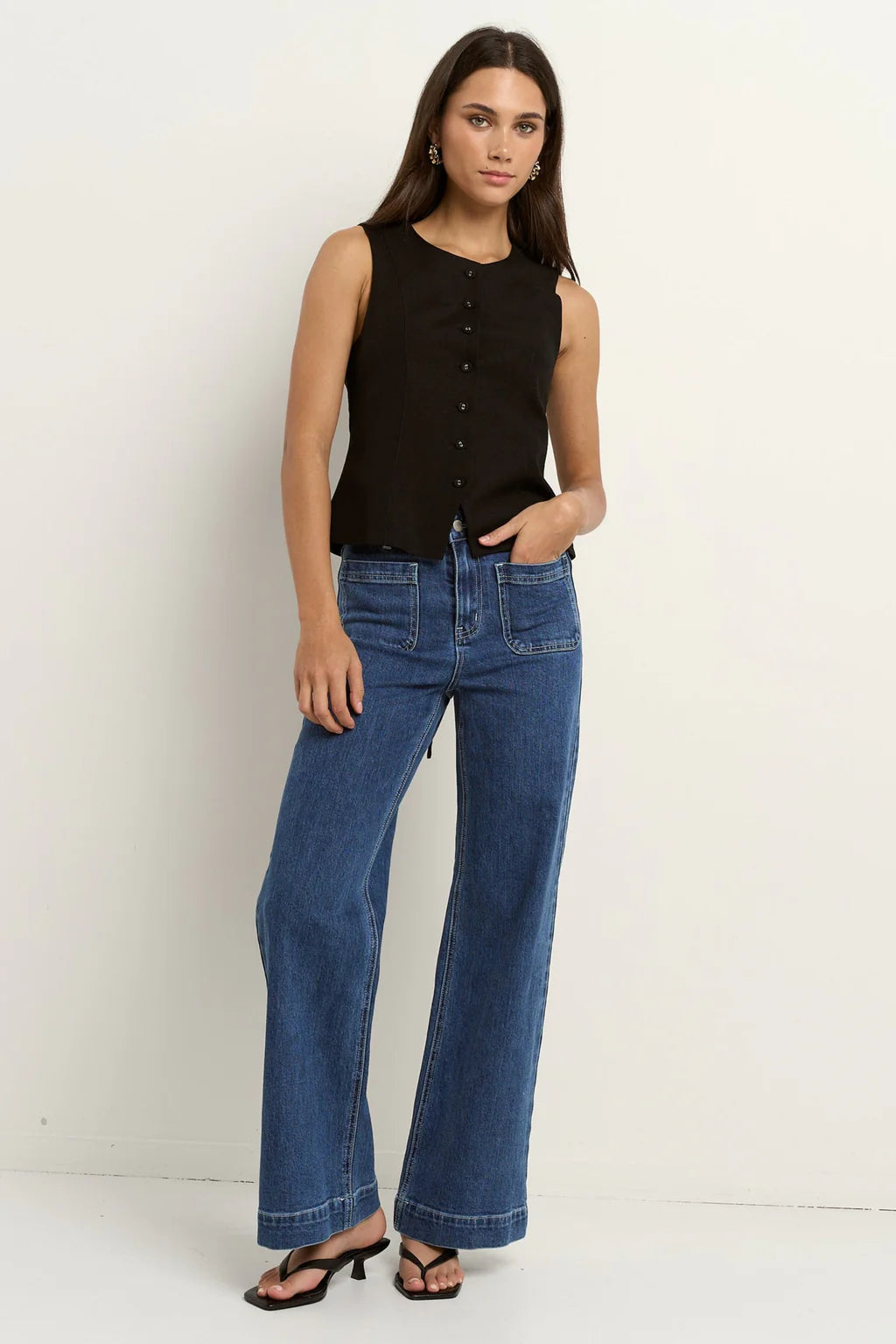 Infusion Black Linen Viscose Sleeveless Vest